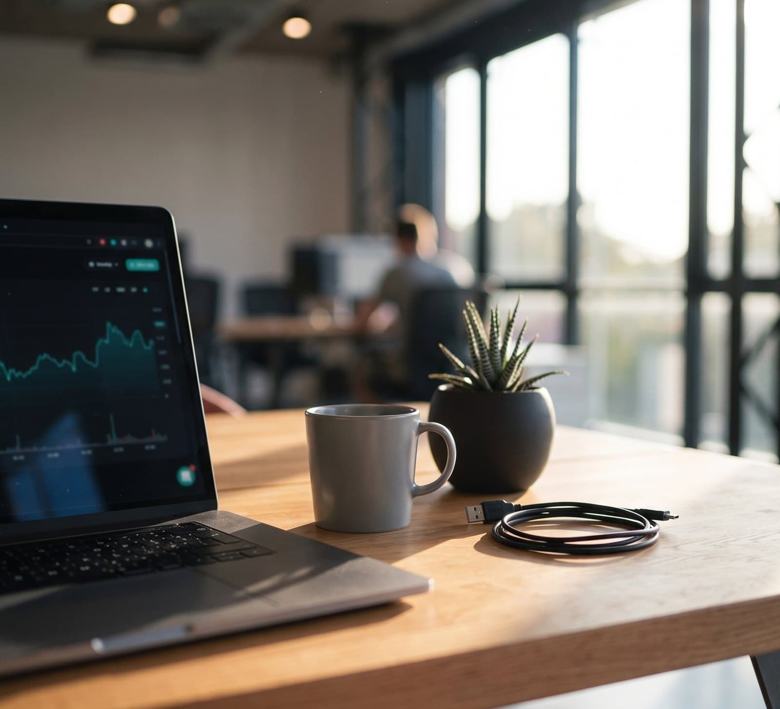 Notebook na dřevěném stole s dashboardem metrik, vedle něj hrnek a smotaný kabel